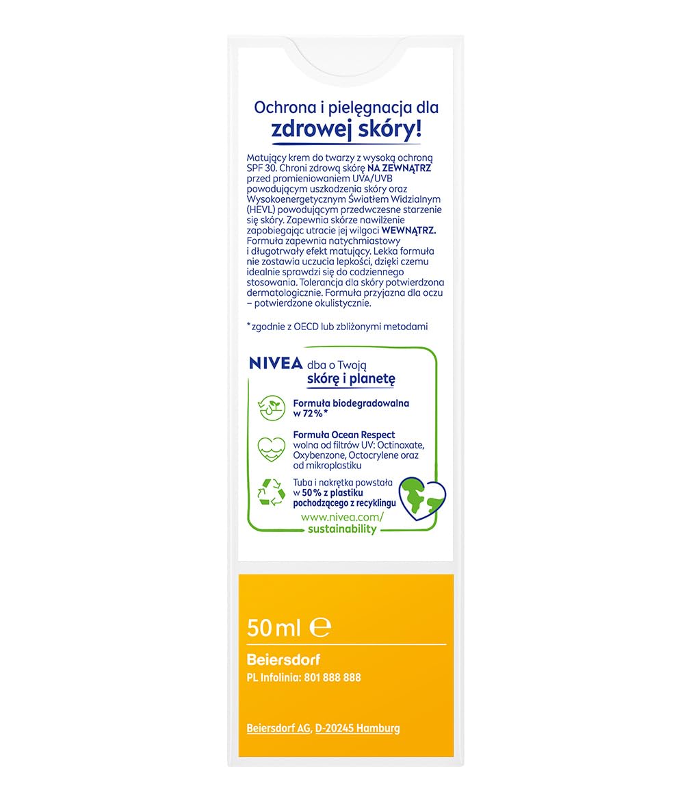 Premium NIVEA Facial Sun Care Cream for Face with Long‑Lasting Matte Finish, Lightweight Non‑Greasy Daily Outdoor Face Moisturizing Cream for Normal and Combination Skin, 1.69 fl oz