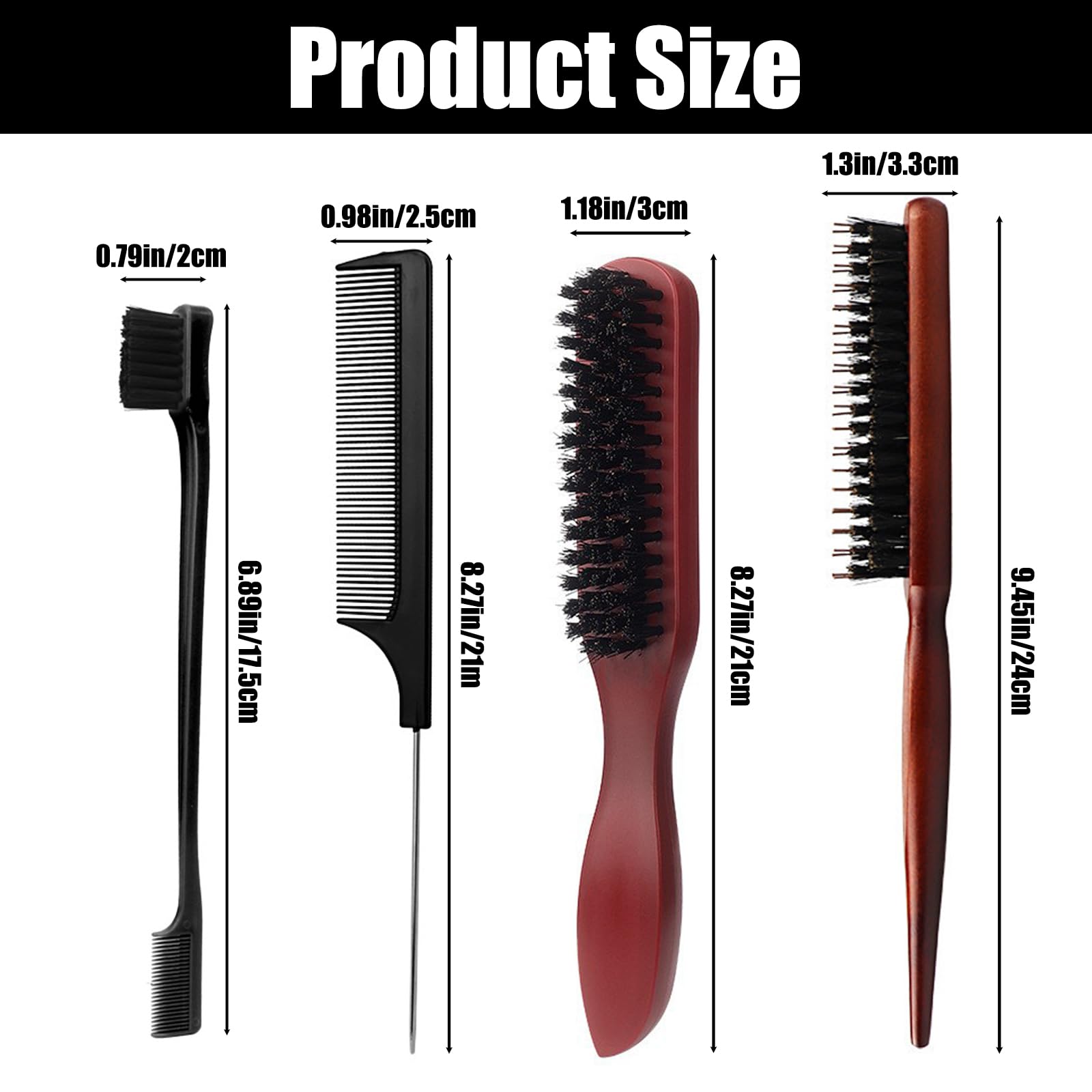 Black Bristle Slick-Back Hair Brush Set for Teasing Styling & Damaged Hair - Texture-Improving Combing Tool - Image 2