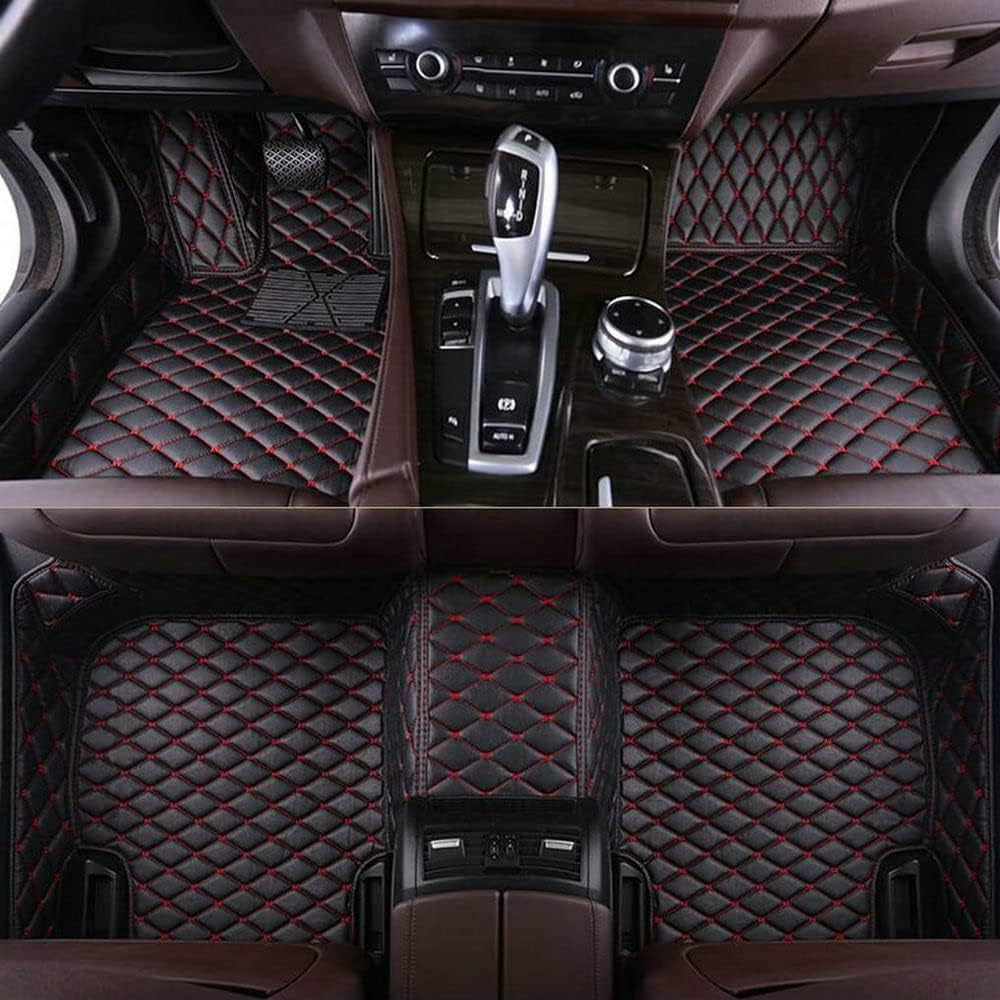 Custom Car Floor Mat Compatible with 95% Car Models Luxury Leather All Weather Waterproof Anti-Skid Full Coverage Car Mats (Black red)