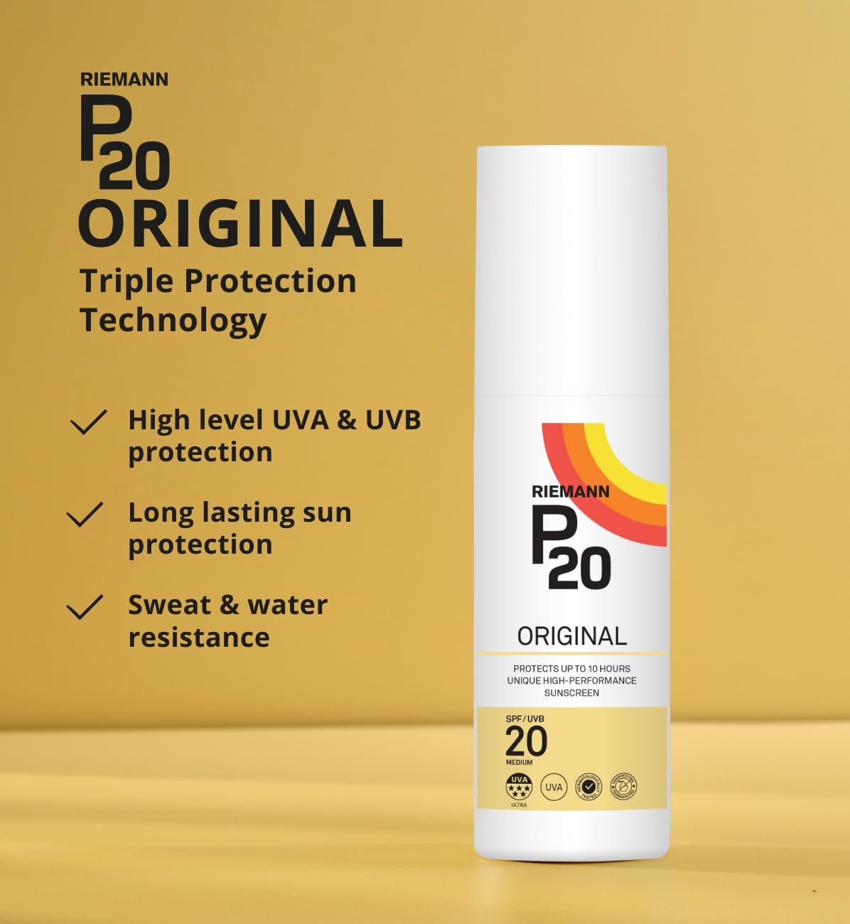 RIEMANN P20 Original SPF20 Spray 200 ml, protection solaire avancée, haute performance, triple protection + résistance à la transpiration, protège jusqu'à 10 heures, très résistant à l'eau