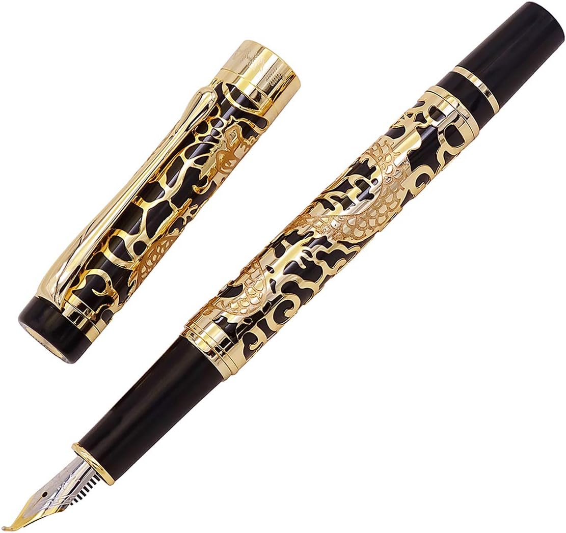 Jinhao 5000 Century Fountain Pen Bent Nib, Black Fude Pen Dragon Embossed with Pen Pouch Set