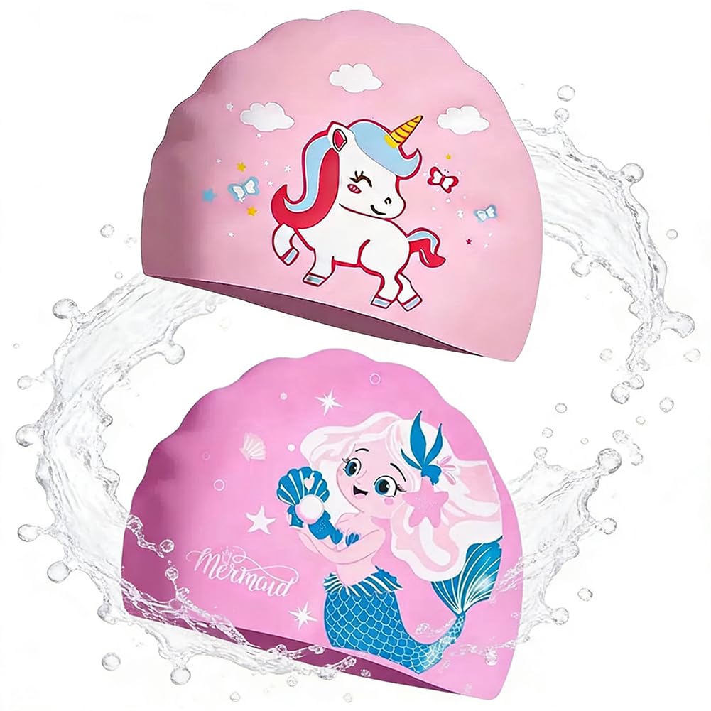 Spiritzohic Mermaid Kids Swim Cap, 2PCS Unicorn Silicone Swimming Cap Waterproof Swimming Hat Kids Swim Hat Summer Water Supplies for Children Long and Short Hair Bathing Caps Include Cute Animal