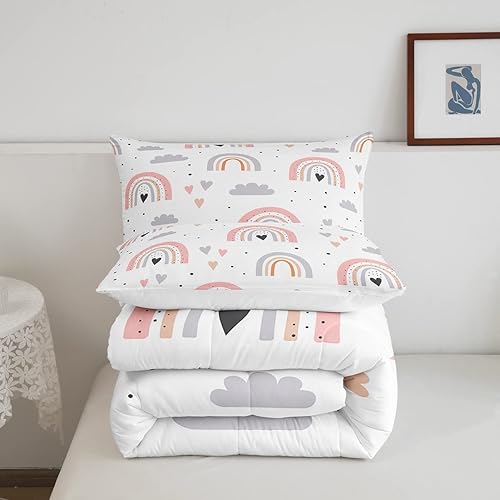 Miniatura 4 de Juego de ropa de cama tamaño Queen con diseño de arco iris para niñas, juego de edredón Kawaii de nube de 3 piezas con 2 fundas de almohada, edredón