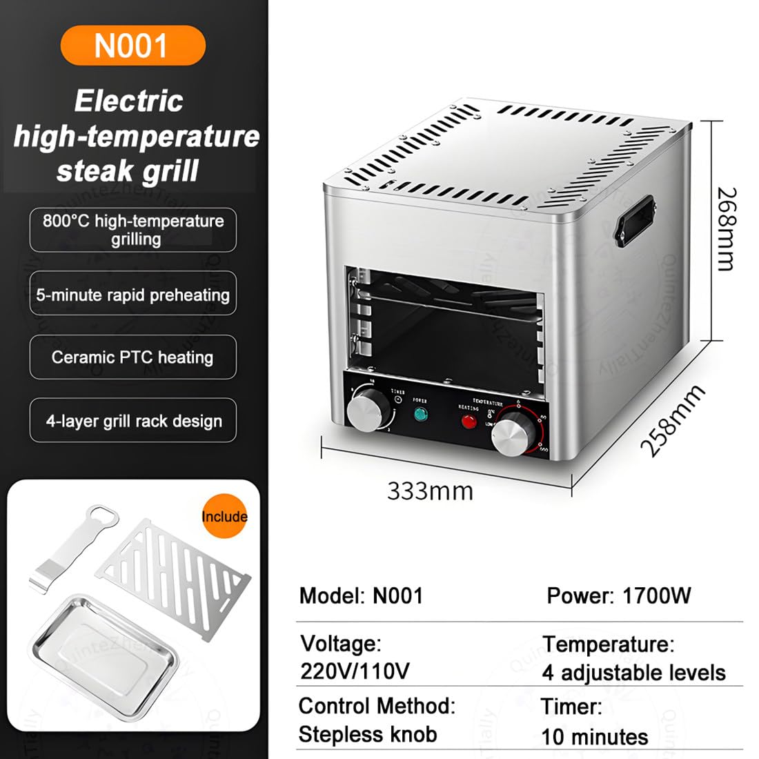 Automatyczny Elektryczny Grill Steków (1700/3400 W),Srebrny N001 | Wygoda Gotowania Klasy Komercyjnej,Inteligentny Nablatowy Piekarnik-Opiekacz,Czas Pracy 0–10 Min,Czas Nagrzewania 5 Min