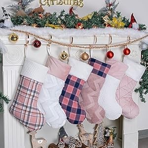 LUBOT 6 Pack Personalized Christmas Stocking Custom Names 20 Large Family Xmas Stockings Pink Plaid Plush Farmhouse Fireplace Hanging Decorations