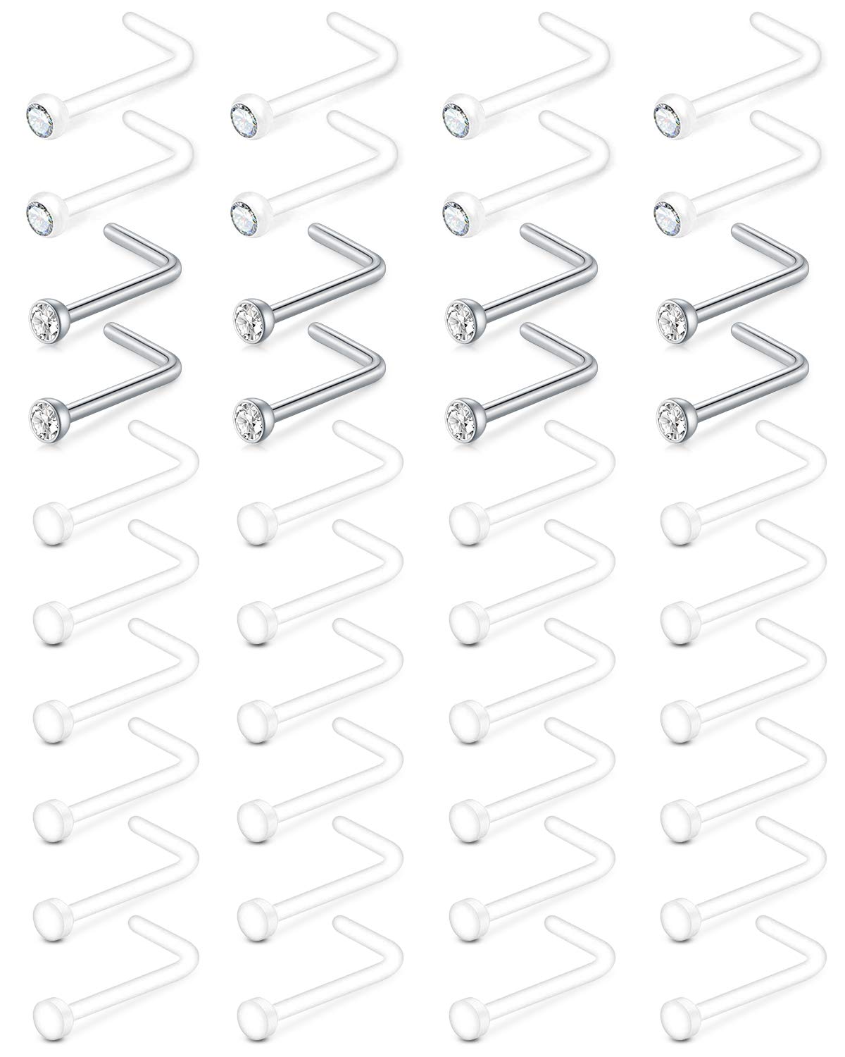 JFORYOU20G Clear Nose Studs Nose Retainer Surgical Steel & Acrylic for Women L Shaped CZ Pin Bone Nose Screw Studs Nostril Piercing Body Piercing Jewelry