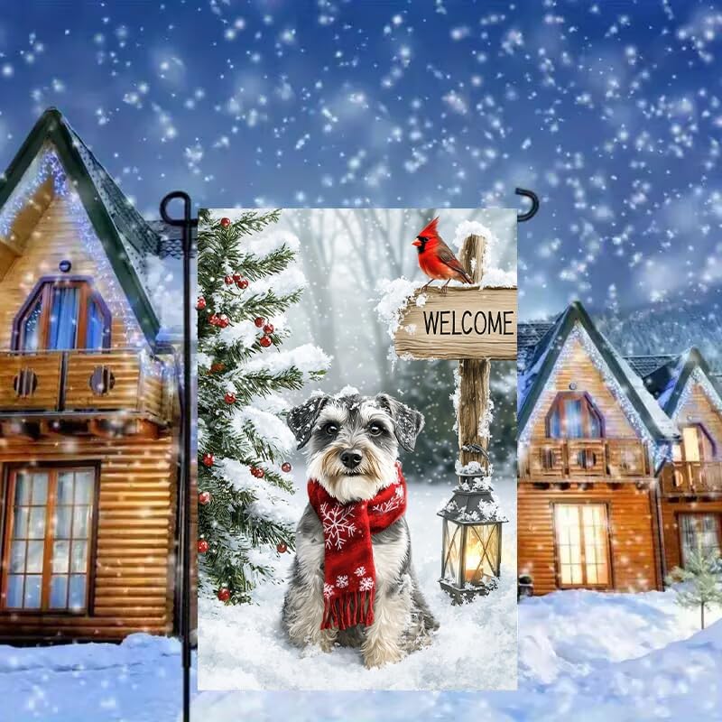 Hello Winter Schnauzer Dog Garden Flags 12x18 Double Sided, Small Burlap Holiday Snow Cardinal Garden Flag Winter Xmas Outdoor Yard Decorations Porch Lawn Flags for Outside - Image 2