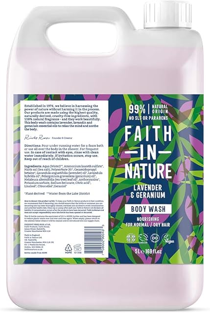Faith In Nature Natural Lavender and Geranium Body Wash, Nourishing, Vegan and Cruelty Free, No SLS or Parabens, 5 L Refill Pack