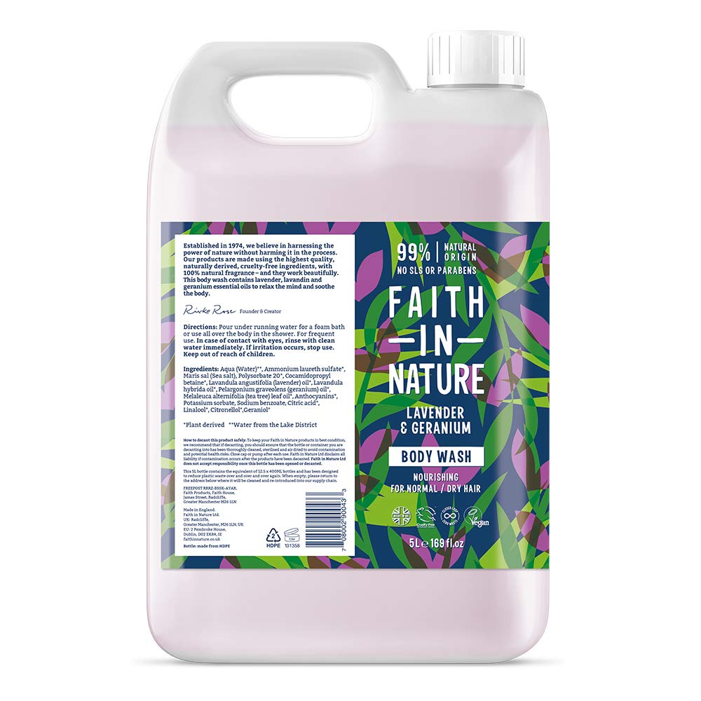 FAITH IN NATURENatural Lavender & Geranium Body Wash, Relaxing Shower Gel, Vegan & Cruelty Free, No SLS or Parabens, 5L Refill Pack