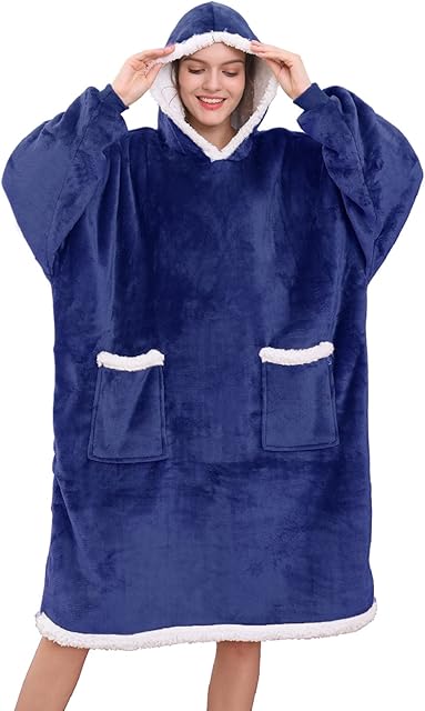 UMIPUBO Bluza z kapturem, oversize, koc do oglądania telewizji, bluza z kapturem, połączenie flauszowego swetra i koca z dużą kieszenią z przodu, dla mężczyzn i kobiet (niebieski)