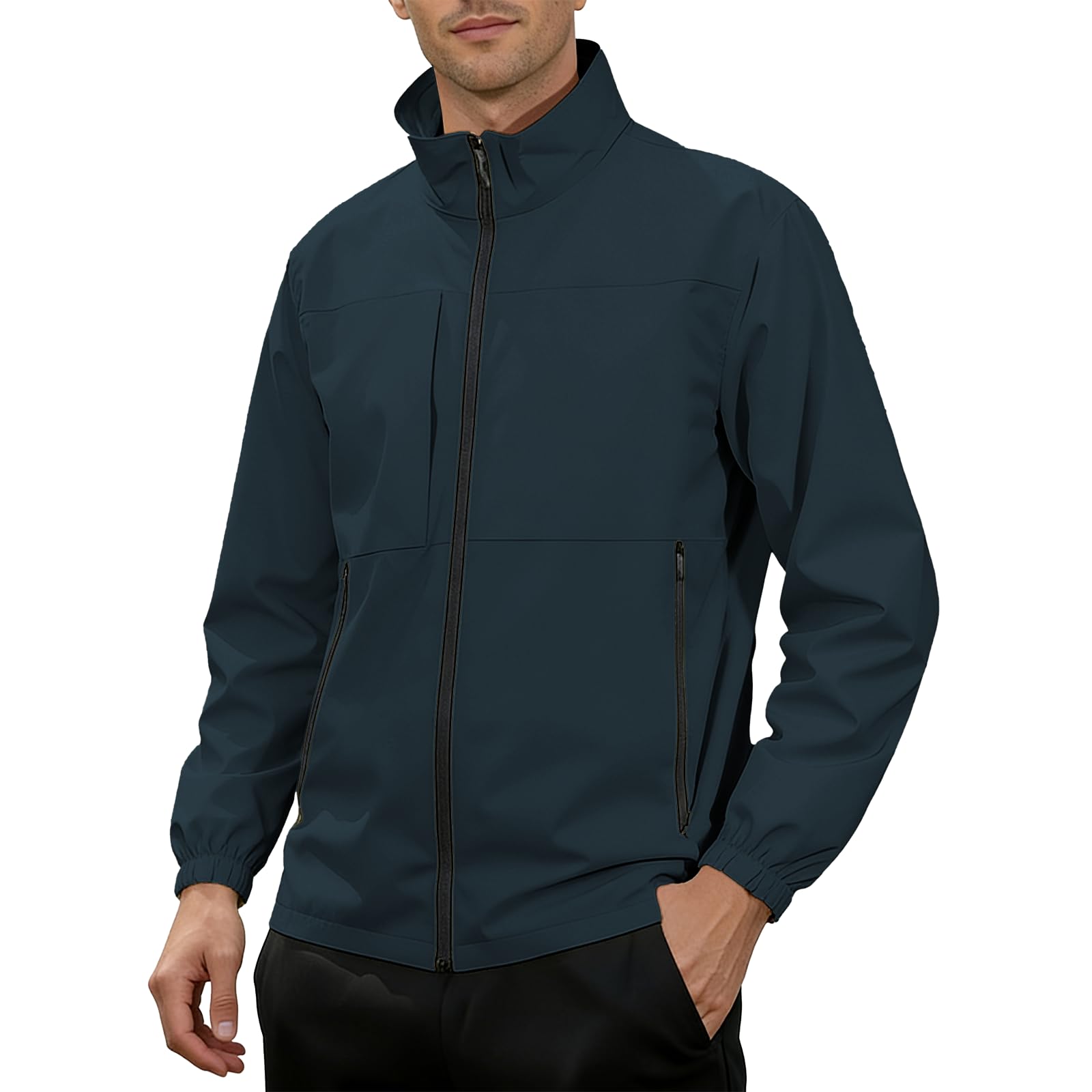 Mens Stand Collar Coat Stylish Patchwork Long Sleeve Sportwear Classic Full Zipper Solid Color Outwear with Pockets
