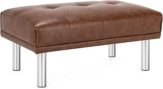 COSTWAY PU Leather Ottoman Bench, Tufted Upholstered Footstool Seat with Stainless Steel Legs, Rectangle Bed End Stool Sofa Bench Footrest for Living Room, Bedroom and Entryway (Brown)