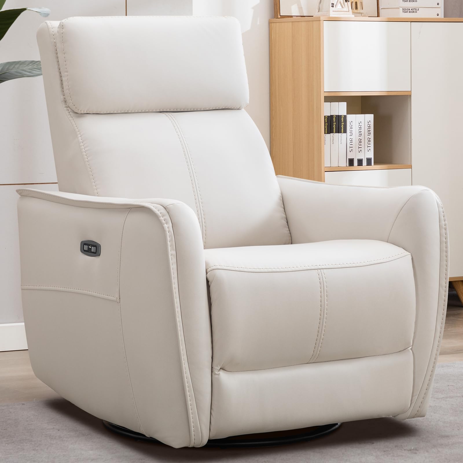Power Recliner Swivel Glider, Electric Swivel Rocker Recliners, Leatheraire Chair, Nursery Rocking Recliner Chair Reclining Sofa for Living Room, USB&Type-C Port, Cream White