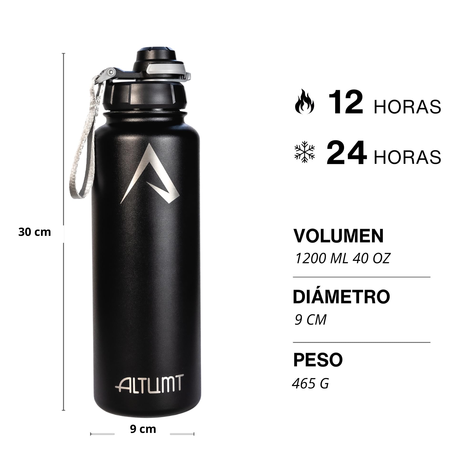 Botella Termica ALTUMT Acero Inoxidable 1200ml Termo Deportivo con Tapa Segura Antifugas Mantiene Frio 24h Calor 12h Reutilizable Sin BPA cantimplora Negro