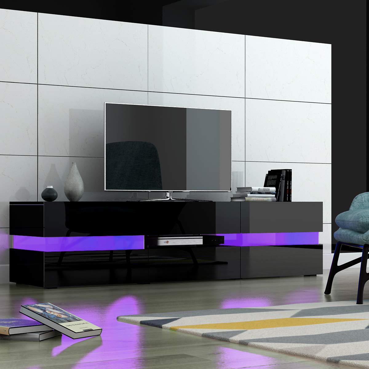 Panana 69.7 inch TV Stand TV Unit Entertainment Center with RGB LED Lights for TVs up to 85 inch, 177 x 39 x 45 cm (Black)
