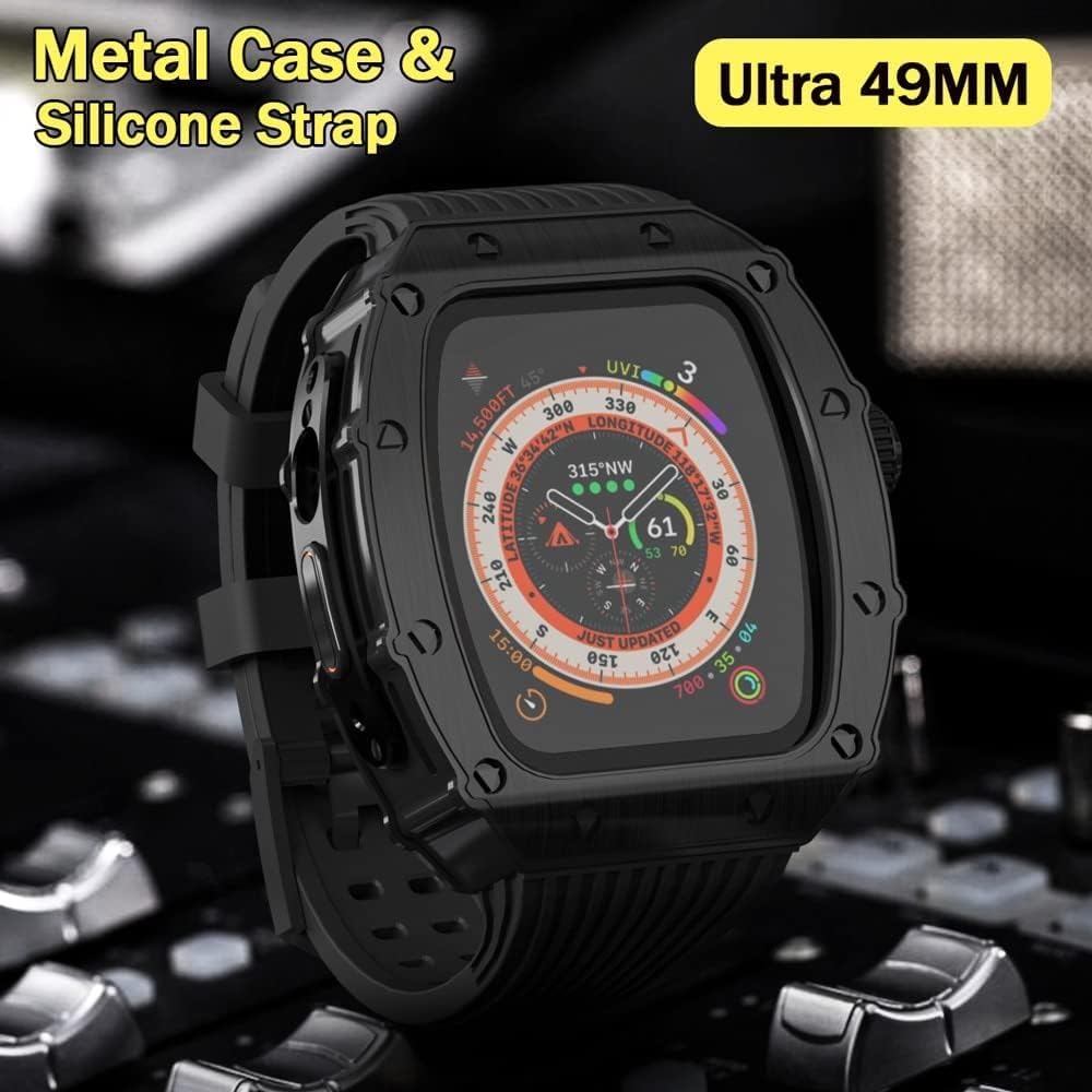BIK Stainless Steel Watch Case Rubber Band，For Apple Watch Ultra 49mm，Metal Bezel Watch Case Sport Breathable Strap Mod Kit，For Iwatch Series 8 49MM Replacement