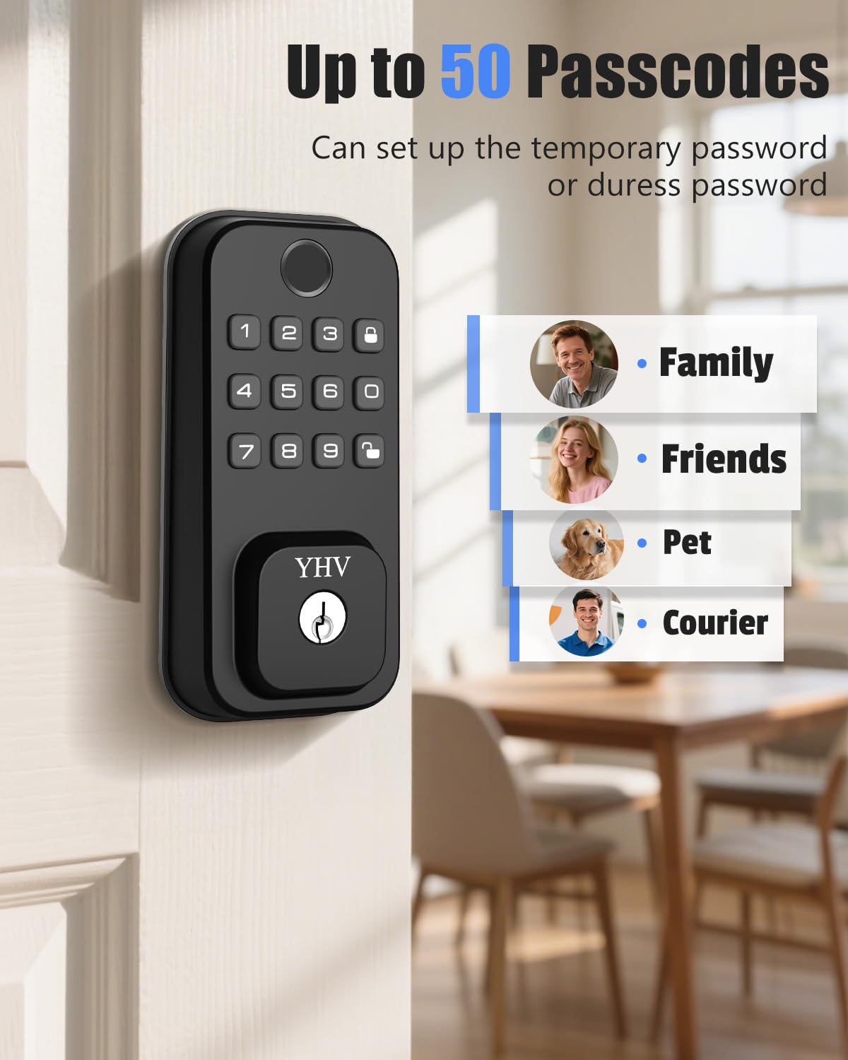 YHV Cerradura inteligente, cerradura de puerta con huella dactilar sin llave con asa, Wi-Fi integrado, control remoto a través de la aplicación