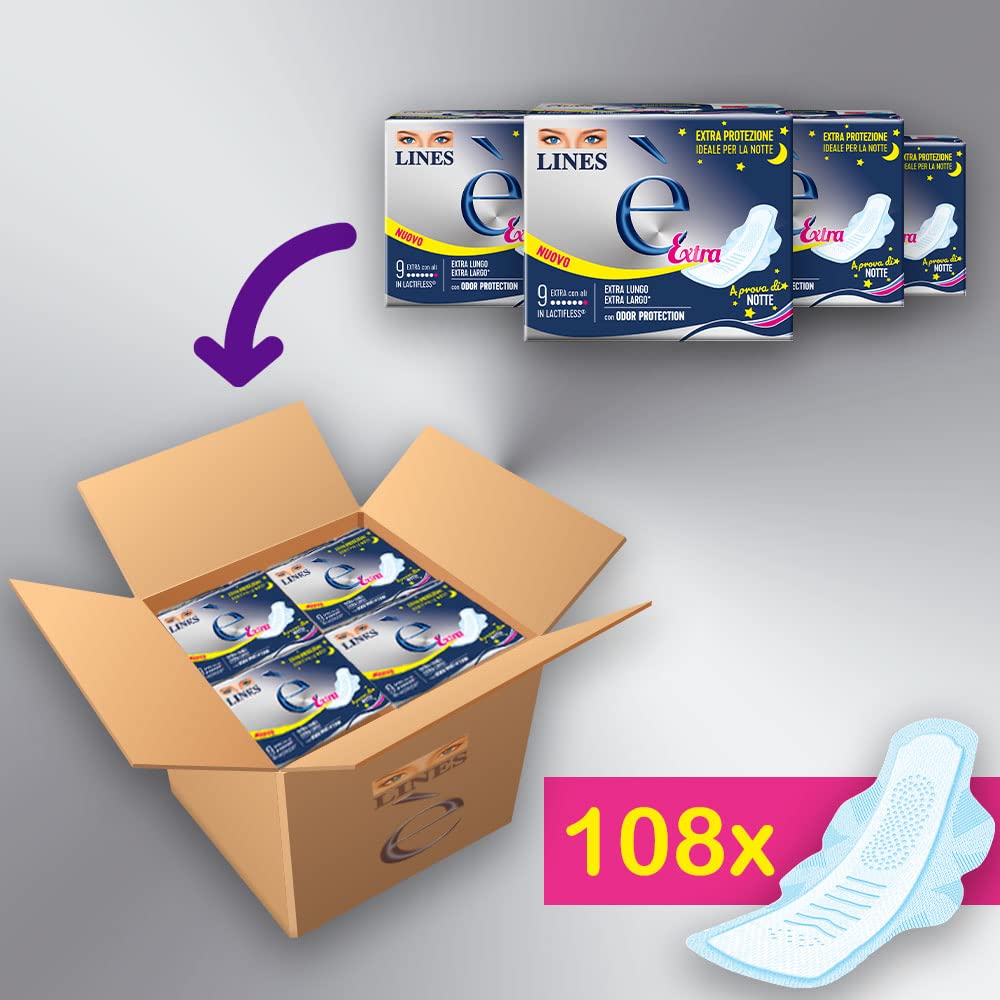 Lines Es extra con alas absorbentes de lactiflex, paquete de 108 piezas | El único absorbente con estructura de látex, el LINES es extra largo y extra ancho, con protección contra el olor