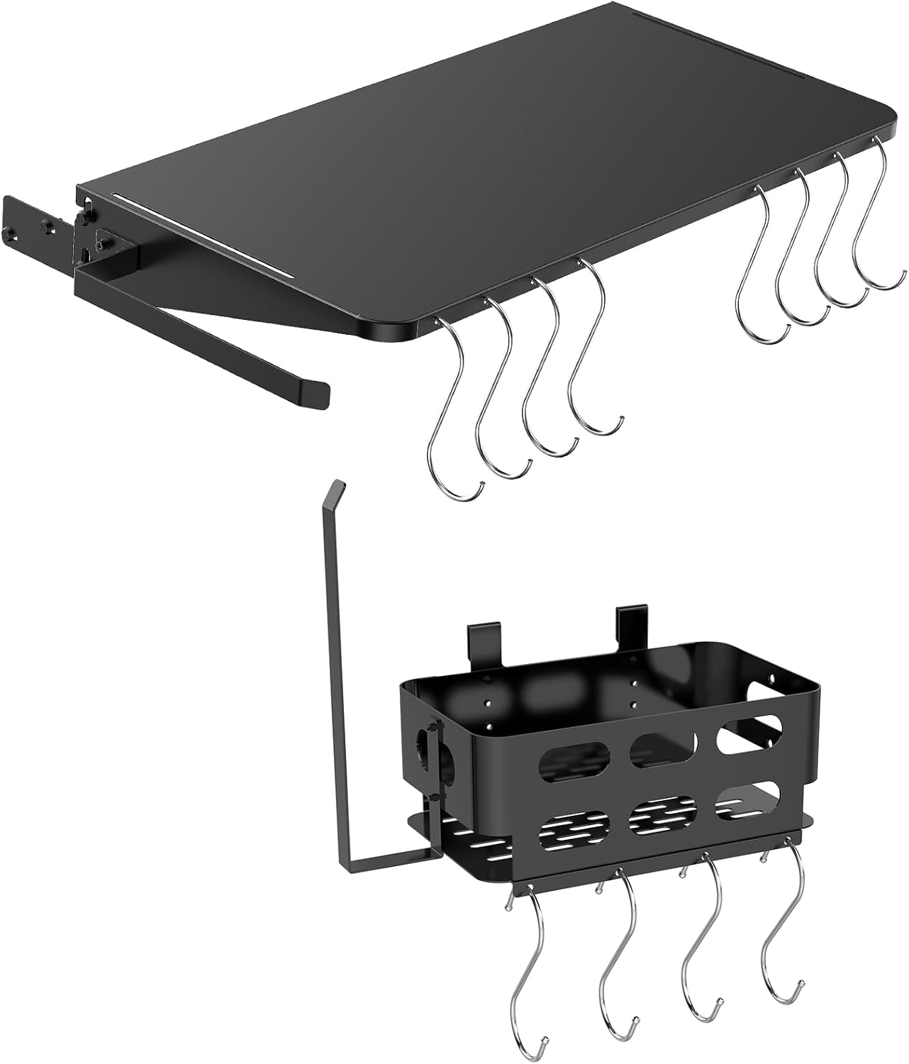 Folding Shelf and Storage Bin for Traeger Grill, BAC362 Pellet Front Shelf with Hooks and Paper Towel Holder for Traeger Pro 22, Pro 575, Eastwood 22, Ironwood 650 and Century 22 Series Pellet Grill