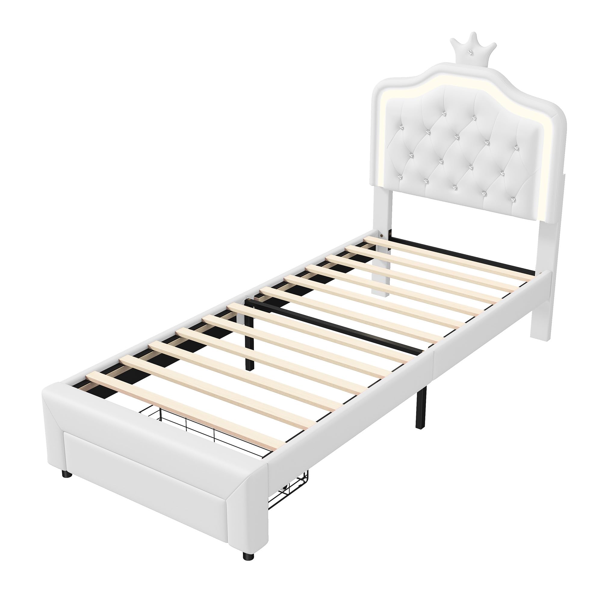 Lit Princesse Enfant 90x200 cm avec Tiroirs de Rangement, Tête de Lit Capitonnée avec LED et Décor Couronne, Revêtement en Similicuir Blanc – Design Féérique pour Fille (Blanc, 90x200 cm)