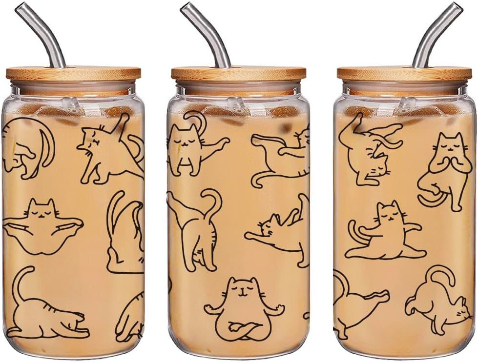 Funny Cat Yoga Cup Gifts for Women Cats Lovers, Cute Cat Mom Gift, Novelty Gifts for Women, Daughter, Sister, Aunt, Wife, Friends, Humor Birthday Gift Glass Cup