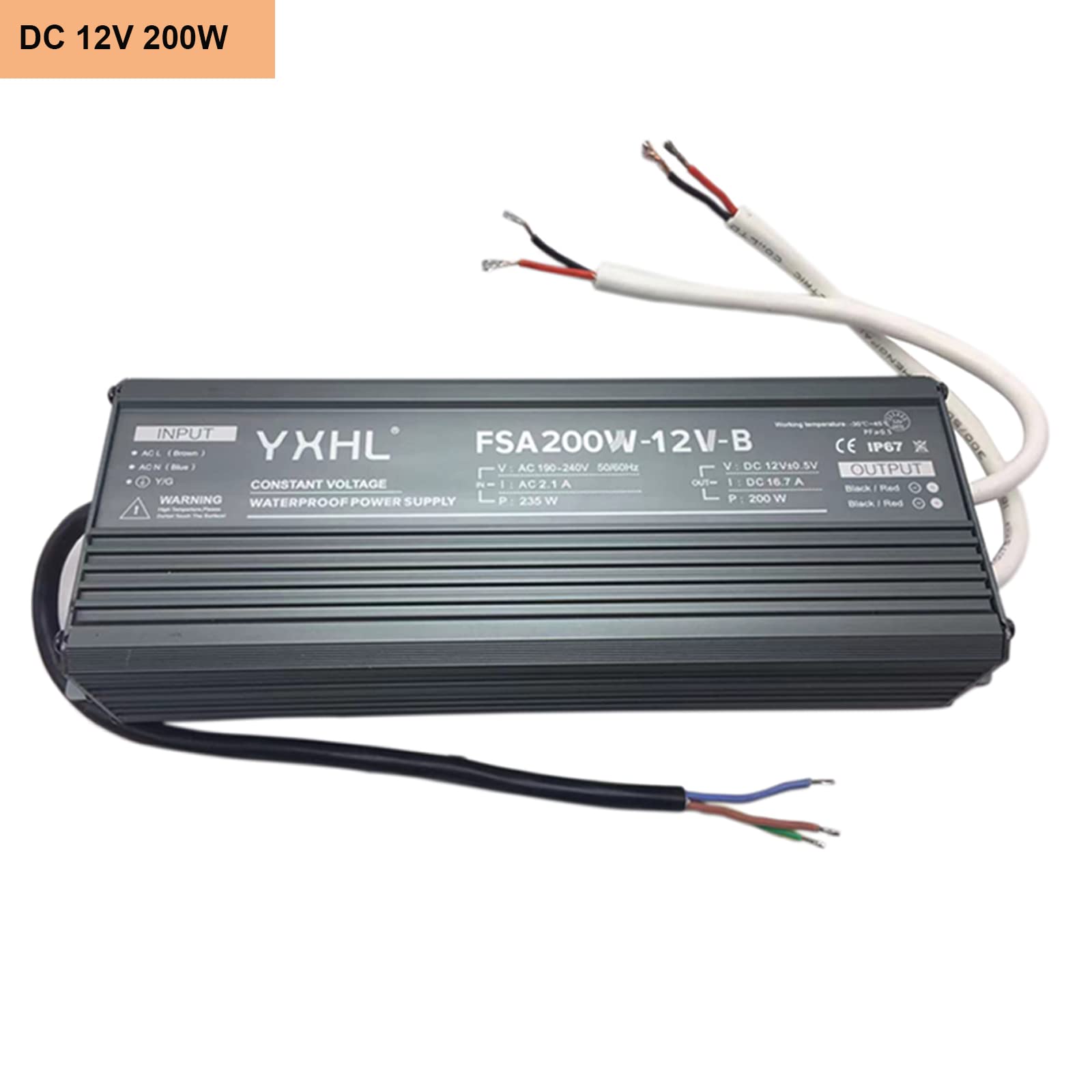 Fuente de alimentación YXHL 200w DC12v,Transformador de controlador LED Impermeable IP67 Adecuado para tira de LED, luz de neón, luz de piscina y lámparas de césped al aire libre