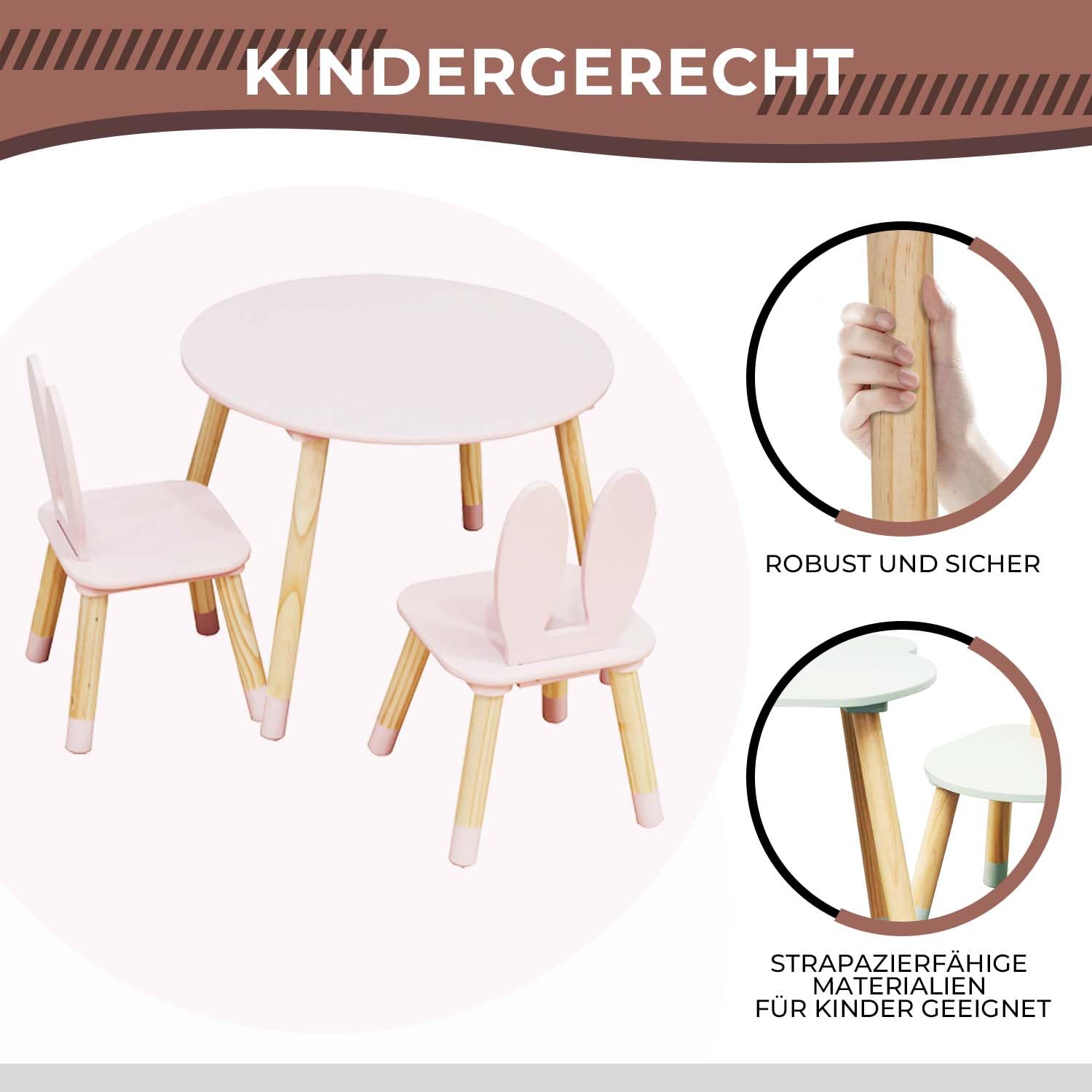 Rebecca Mobili Set mit Tisch und 2 Stühlen für Kinder, Tisch für Kinder mit Sitzen, rosa braun, MDF Kiefer, für Kindergarten – Maße: 44 x 60 x 60 cm / 50 x 28 x 25 cm – Art. RE7017