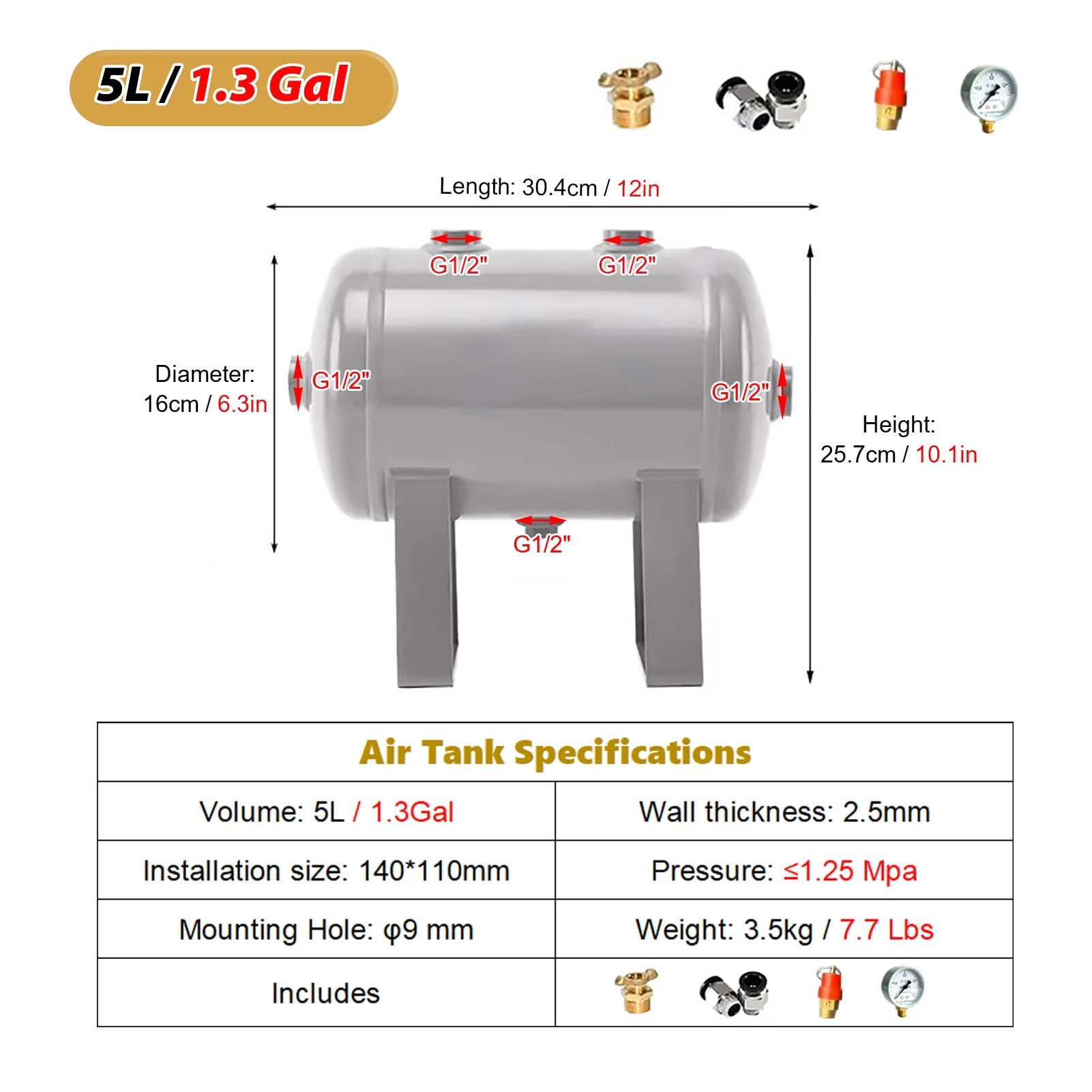 Serbatoio Aria Compressa Serbatoio Portatile per Aria Compressa per Barche e Auto, Bombola Ad Alta Pressione per Sistemi Pneumatici, Cilindro di Stoccaggio Gas da 1 a 150 Litri(5L/1.3Gal (Style A))