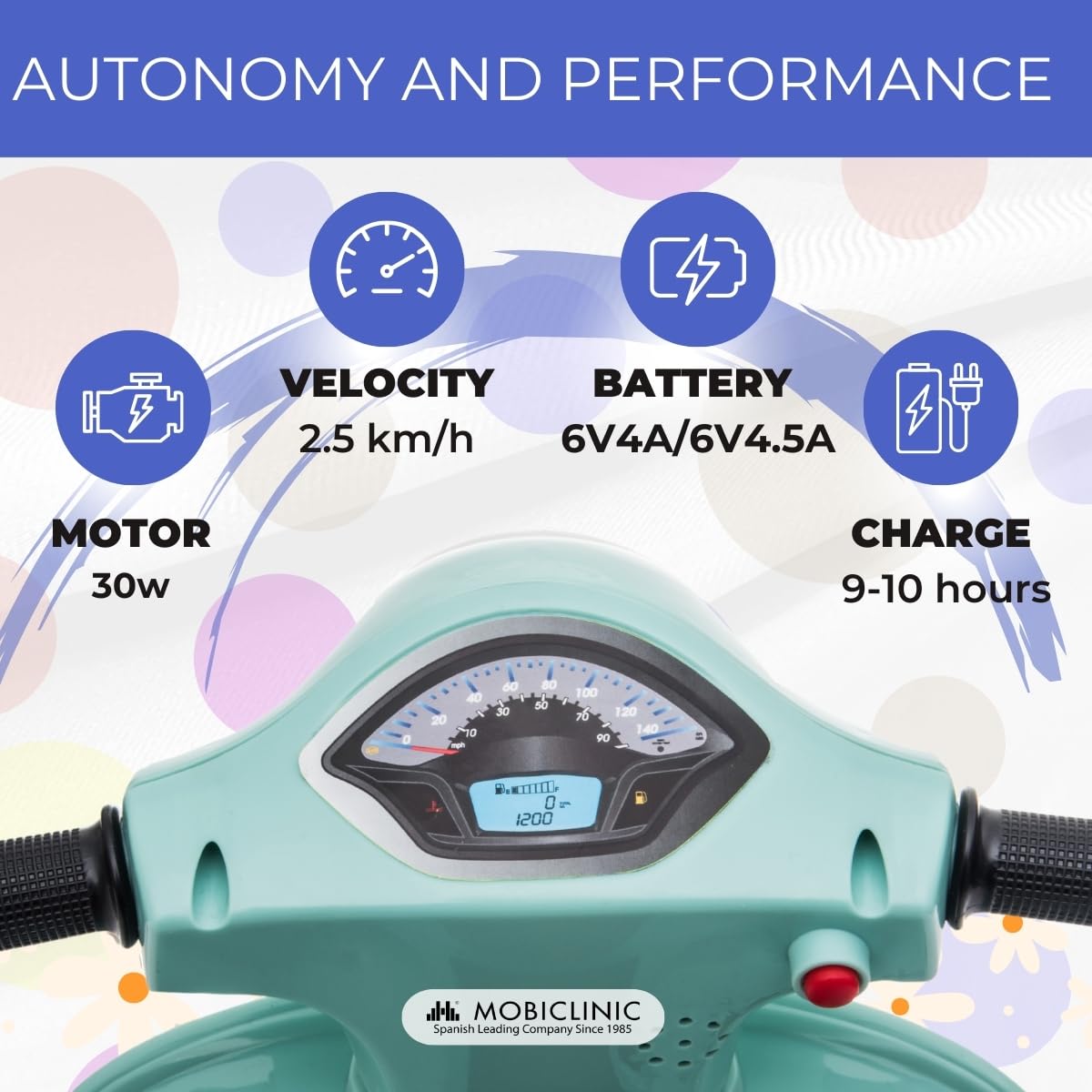 Mobiclinic® Kids, Moto eléctrica niños, Licencia Oficial Vespa Piaggio, Motor 30w, Roma, Luz led, Antivuelco, Velocidad 2, 5 km/h, Botón Musical, 18-36 Meses, Batería 6v, Acelerador, Carga 25 kg