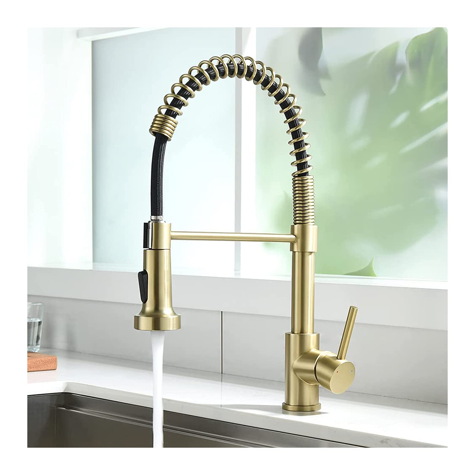 Lmysxaoz Brushed Gold Kitchen Faucets, Solid Brass Single Handle Lever Pull Down Sprayer Spring Sink Faucet High-Arc Mixer Tap,(Brushed Gold)