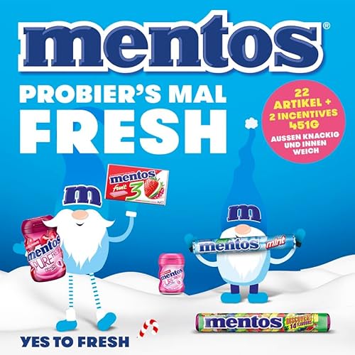 Mentos Adventskalender 2025, 24 Türchen mit einem Mix aus verschiedenen Sorten Kaubonbons und Kaugummi, 1x 451g