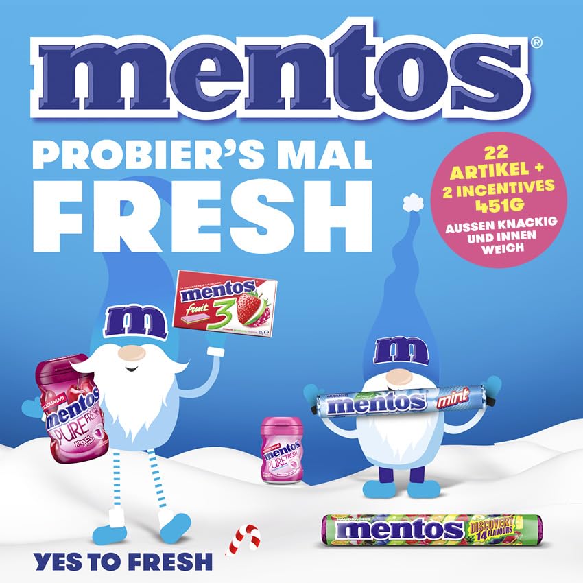 Mentos Adventskalender 2025, 24 Türchen, Mix aus Kaubonbons und Kaugummi, Süßigkeiten Weihnachts-Kalender, geeignet für Kinder und Erwachsene, 1x 451g