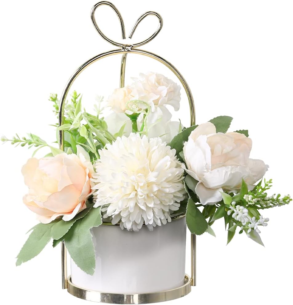 Veryhome Artificial Flowers Hydrangea Chrysanthemum Potted Fake Flowers Hanging Potted Plants For Home Living Room Office Party Decoration （ Chrysanthemum Potted-White ）