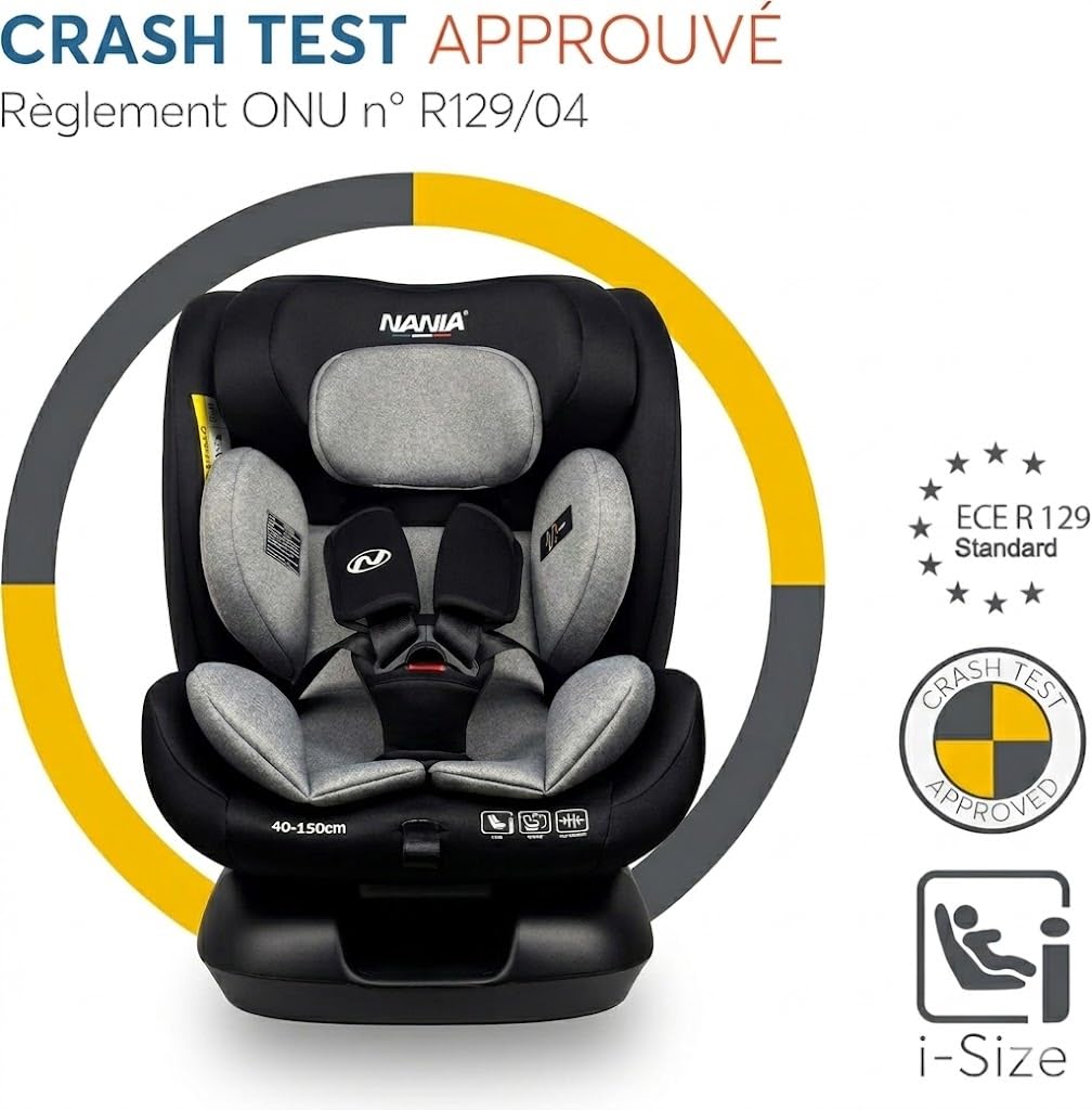 Nania Prato, seggiolino auto per bambini, I-Size, 40-150 cm, evolutivo dalla nascita, fino a circa 12 anni, fissaggio cintura di sicurezza, poggiatesta e inclinazione regolabili, supporto lombare e