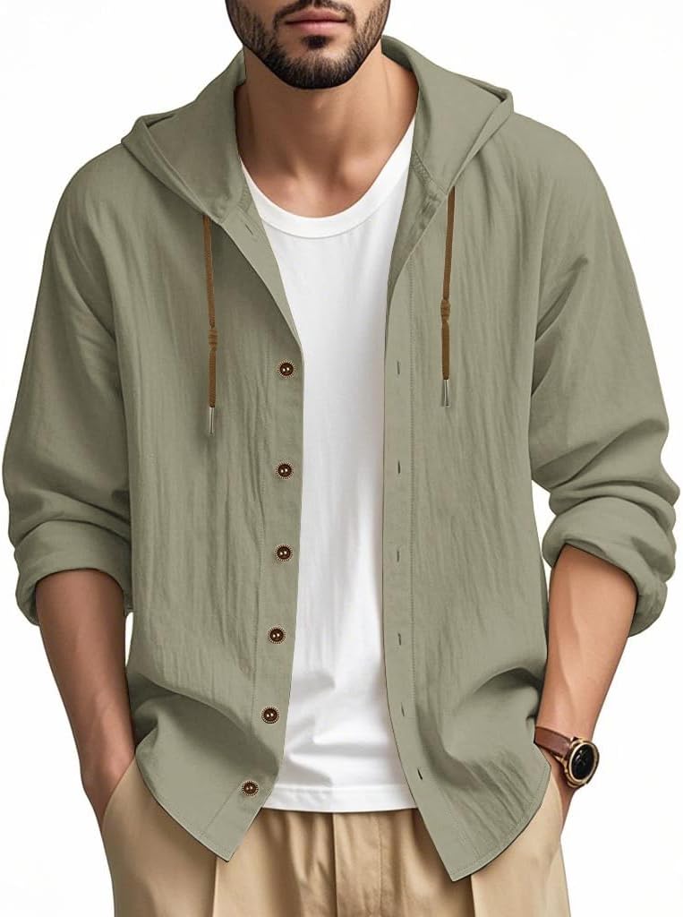 Men Cotton Linen Long Sleeve Button Down Shirt Summer Casual Hawaiian Beach Tops Lightweight Fashion Hoodies - Image 2