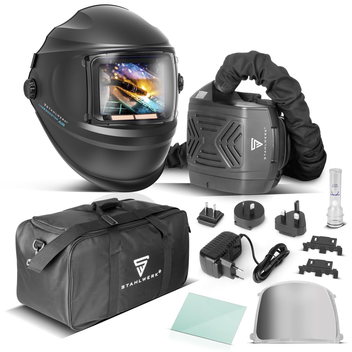 STAHLWERK Casco de soldadura automático 3 en 1 BOOSTER AIR – Casco de soldador suministro de aire fresco, sistema PAPR, True Colour, memoria, oscurecimiento automático DIN 4-​13, clase óptica 1/​1/​1/​2