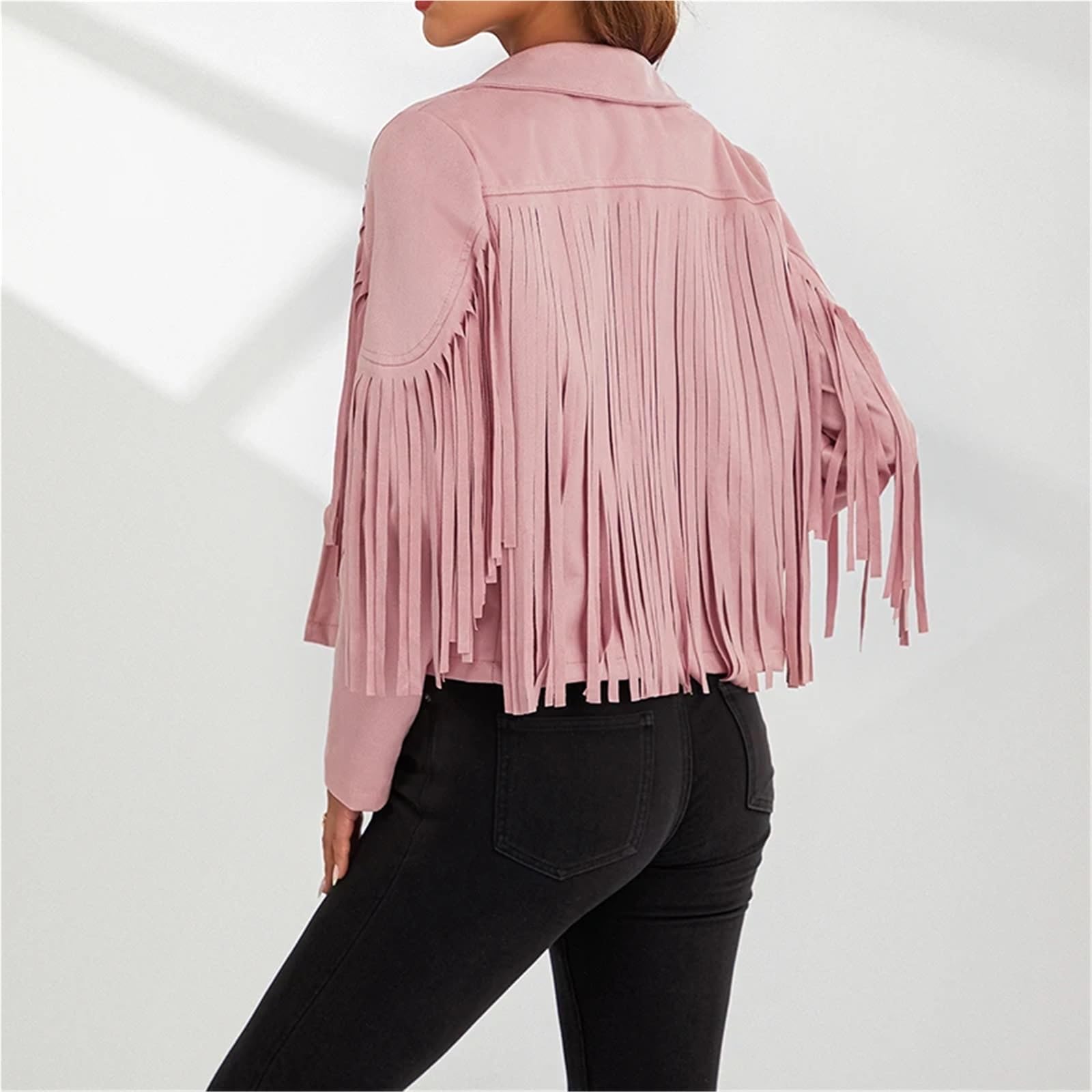 Top con Frange Cappotto da Donna Primavera Autunno Slim Manica Lunga Aperto Davanti Giacca Tinta Unita con Colletto e Nappe per Le Donne(Pink,XL)