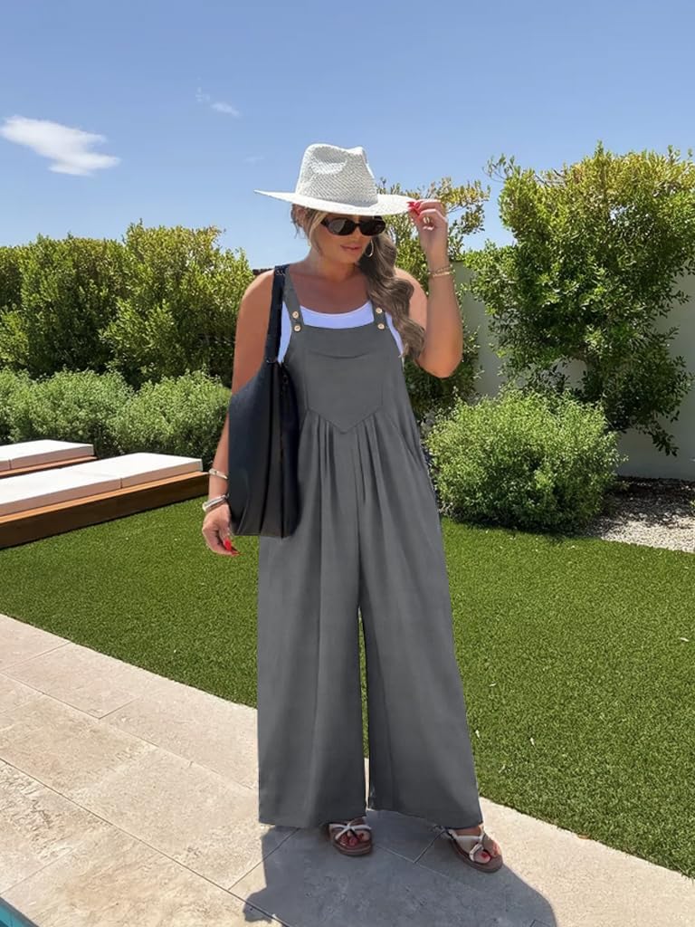 Plus Size Jumpsuit For Women Summer Casual Wide Leg Overalls Adjustable Strap Loose Rompers With Pockets