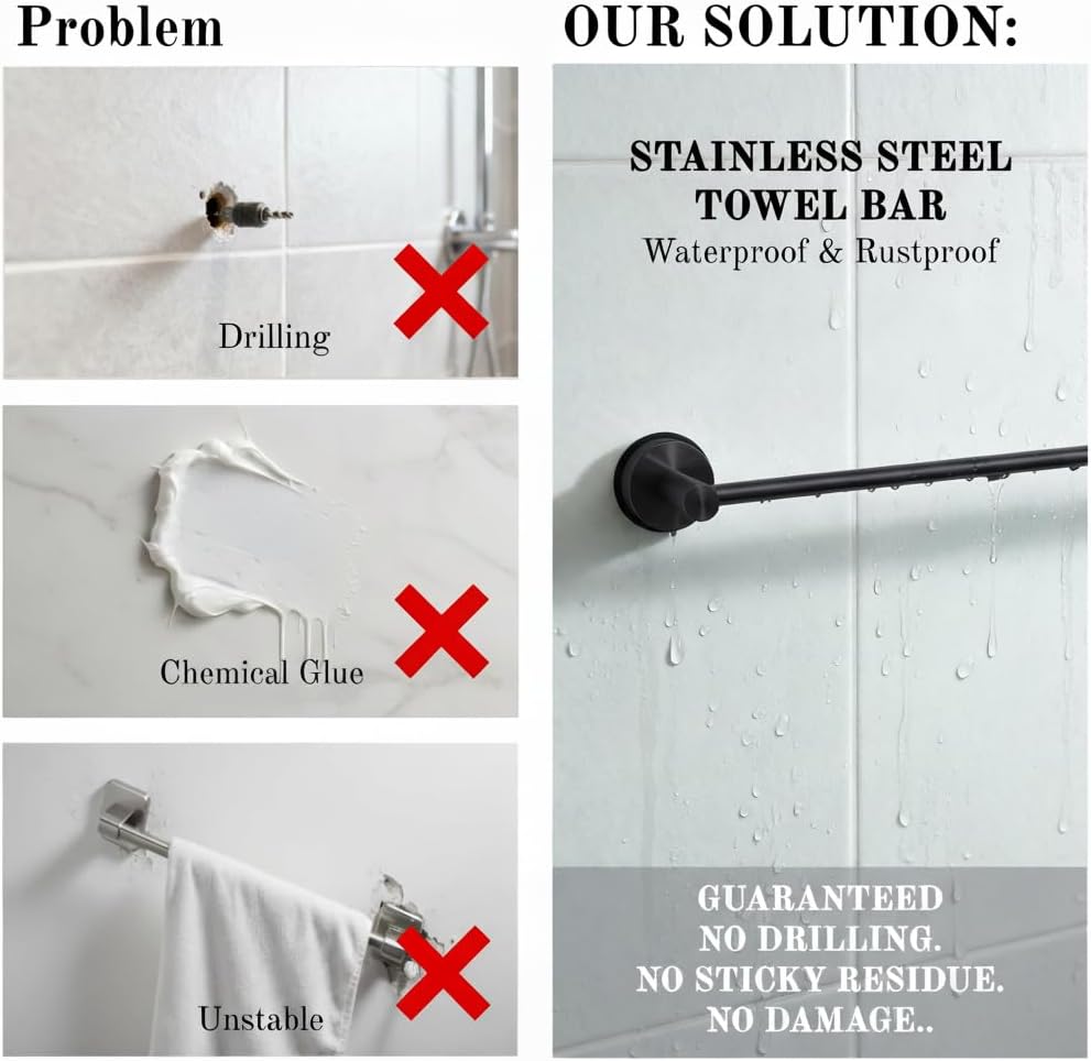 Suction Cup Towel Bar 17-28 Inch Adjustable Retractable Stainless Steel Towel Rack for Bathroom, RV & Renters - No Drill Heavy Duty Wall Mounted Holder, Removable for Glass & Tile (2, Black)