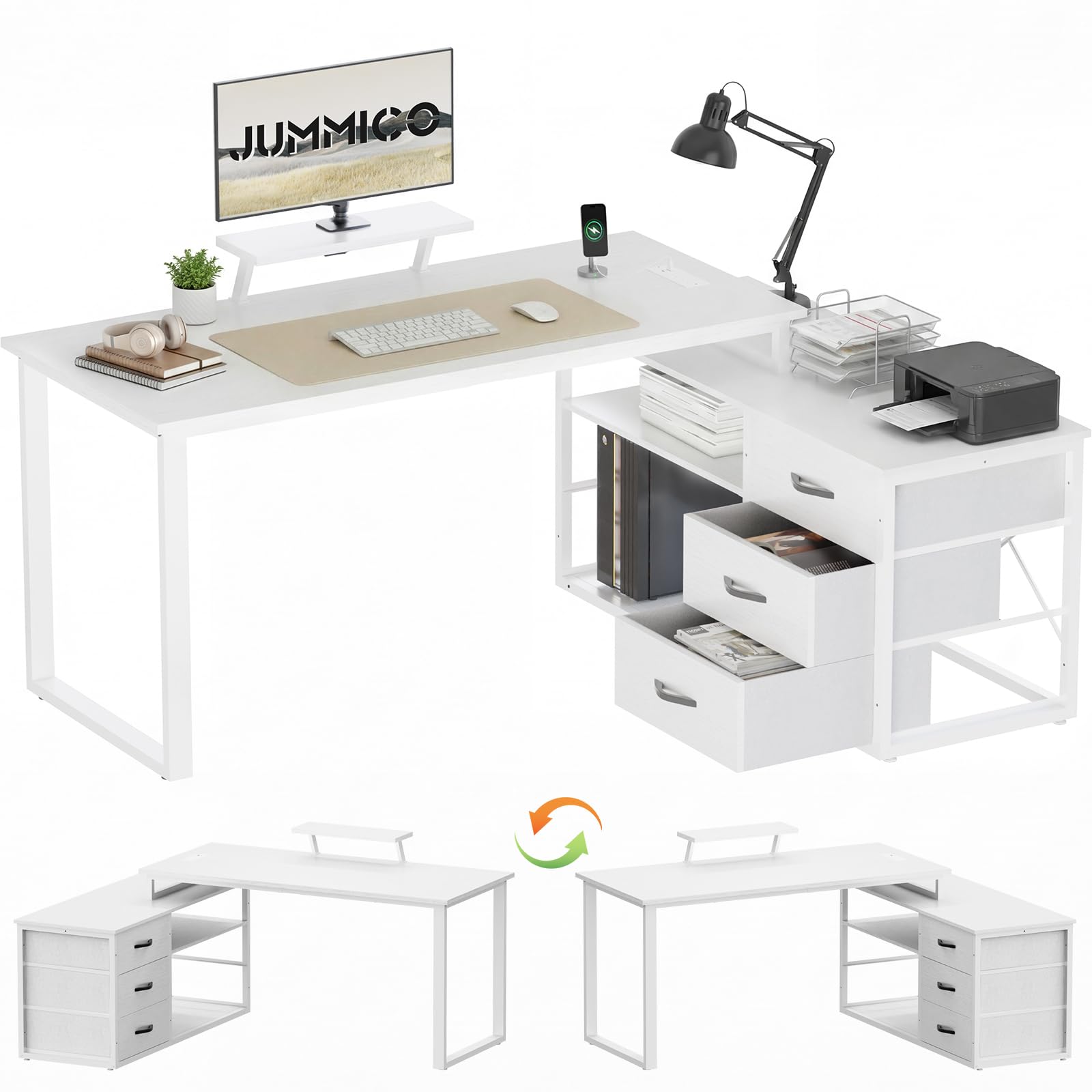 JUMMICO L-Shaped Desk with 3 Drawers, 140 x 100 x 75 cm, Corner Desk with Shelves, Reversible L-Shape Design with 2 USB Charging Ports & 2 Power Outlets, Home Office Desk, White