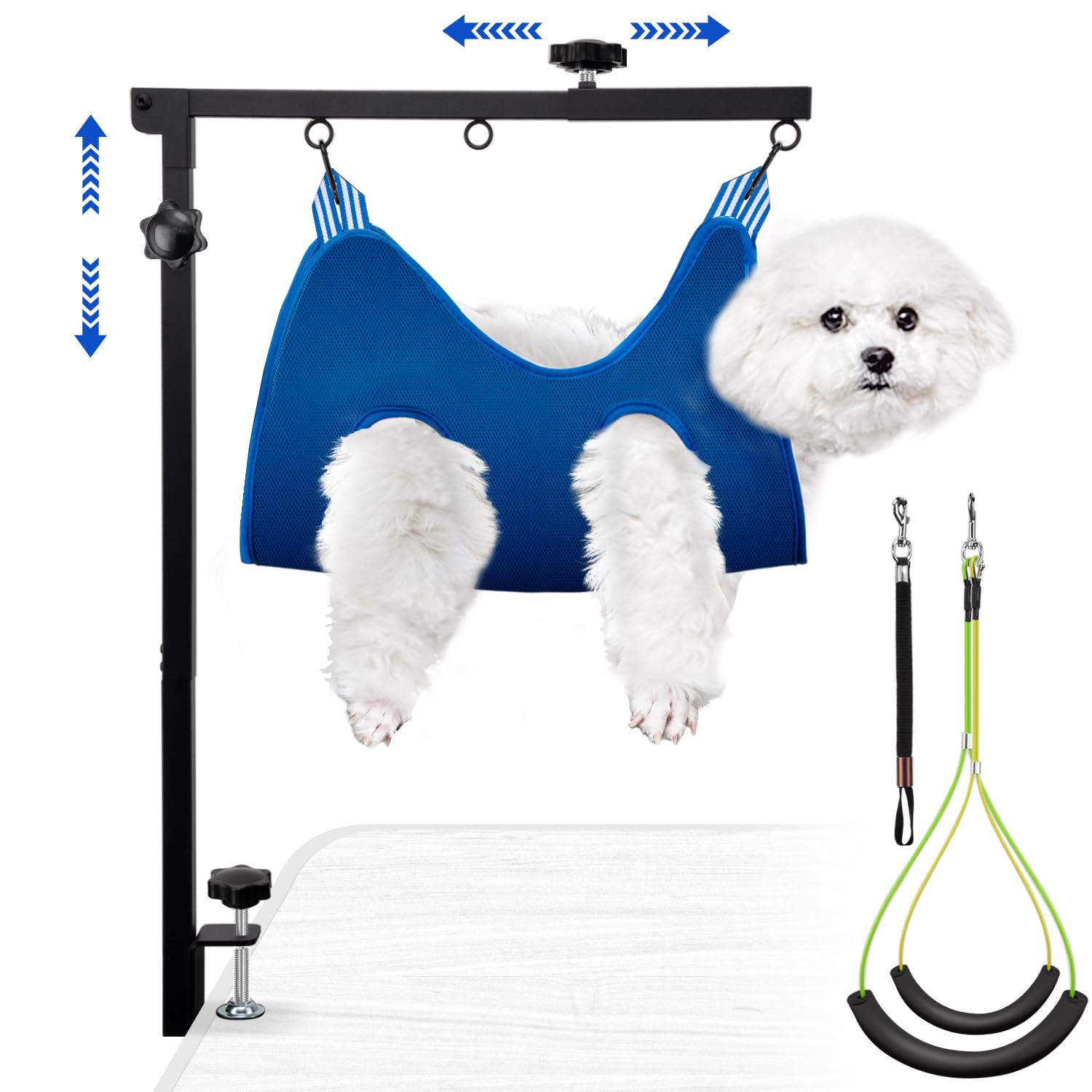 Extendable Dog Grooming Arm with Hammock, Adjustable Height 27"-42", Adjustable Widht 20"-23", Dog Grooming Table Arm with Clamp and No-Sit Holder, Heavy Duty for Small & Medium Dogs