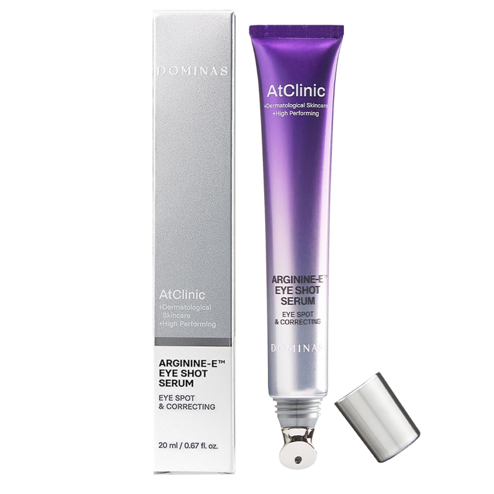 Atclinic DOMINAS Caffeine Eye Serum with Arginine-E & Vitamin E – Korean Eye Gel for Puffiness, Dark Circles, Fine Lines | Cooling Guasha Metal Tip (0.67 fl oz)