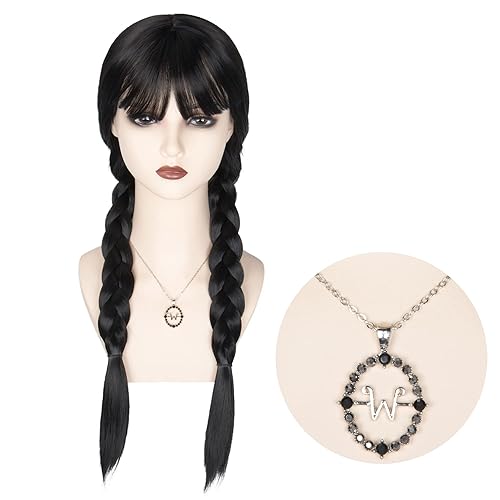 Women Girls Long Black Braids Wig with Bangs Long Straight Pigtails Wig for Adult Costume Halloween Wig - Adult