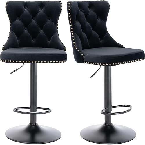 Juego de 2 taburetes de bar giratorios de altura de mostrador, taburetes de bar negros para isla de cocina, sillas de terciopelo ajustable con