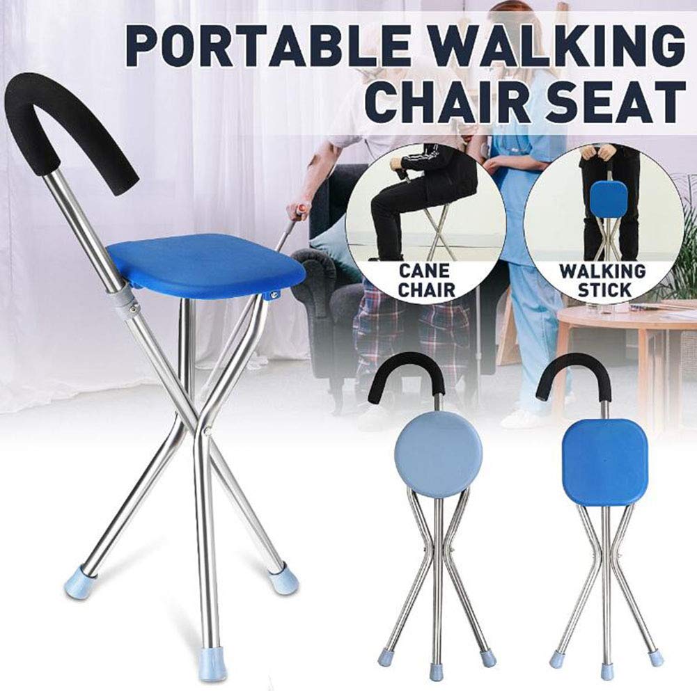 Silla de bastón para personas mayores, bastón auxiliar con asiento, con luz LED, plegable, regulable en altura, adecuada para que las personas mayores viajen, esperando en la fila para descansar (az