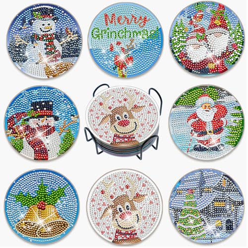 8 Stück Weihnachtsuntersetzer mit Diamantbemalung, Diamond Painting...