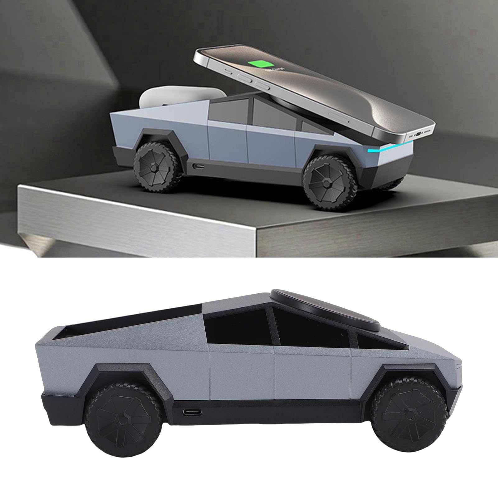 XUMIUZIY Stazione di Ricarica Wireless 3 in 1, Caricabatterie Rotante per Modello di Auto in Scala 1:25 con Luce Ambientale per Auricolari per Orologio da Telefono (GRAY)