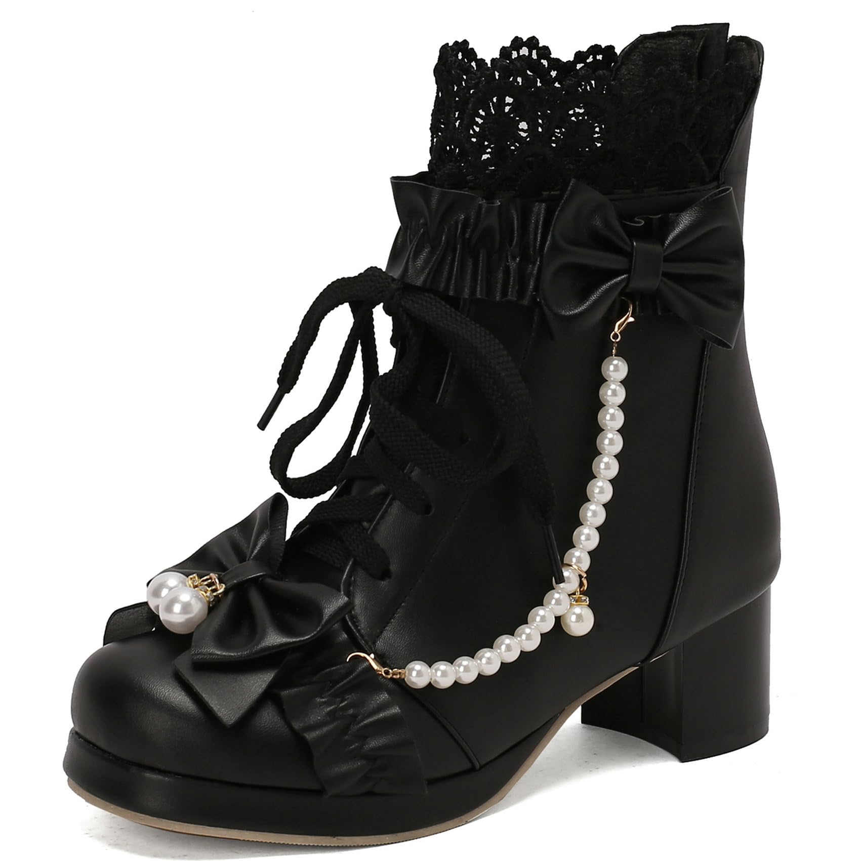LUXMAX Women Cute Lolita Boots Chunky Mid Heel Lace Up Ankle Boots with Bow | Kawaii Shoes,Cute Ankle Boots,Sweet Booties,Platform Ankle Boots,Lace Up
