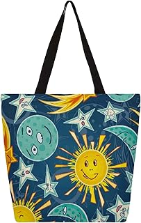 Sacola de lona feminina com estampa de sol e lua, sacolas grandes para homens com bolsos, sacolas de compras resistentes, sacolas de compras reutilizáveis, bolsa de ombro casual para escola, trabalho, praia, Multicor
