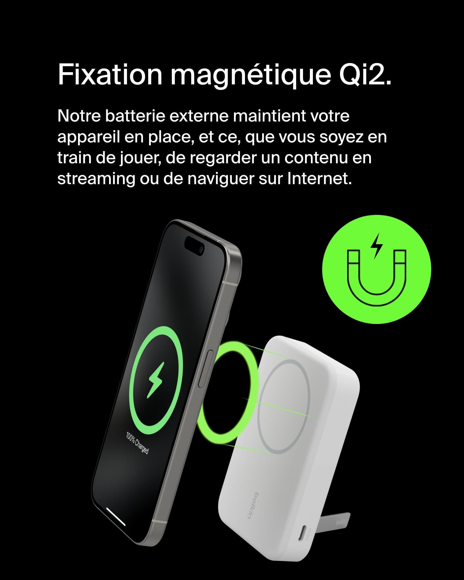 Belkin BoostCharge Pro Batterie Externe sans Fil 10 000 mAh avec Qi2 (Chargeur Portable Compatible MagSafe, Support intégré, pour iPhone 16, 16 Plus, 16 Pro, 16 Pro Max, iPhone 15, etc., Blanche)